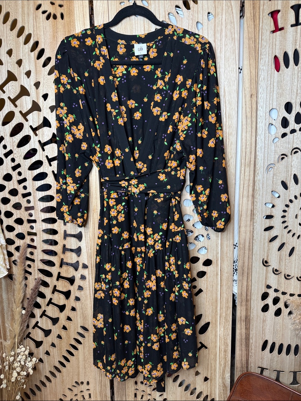CAbi Black Wrap Midi Dress with Orange Floral Print
